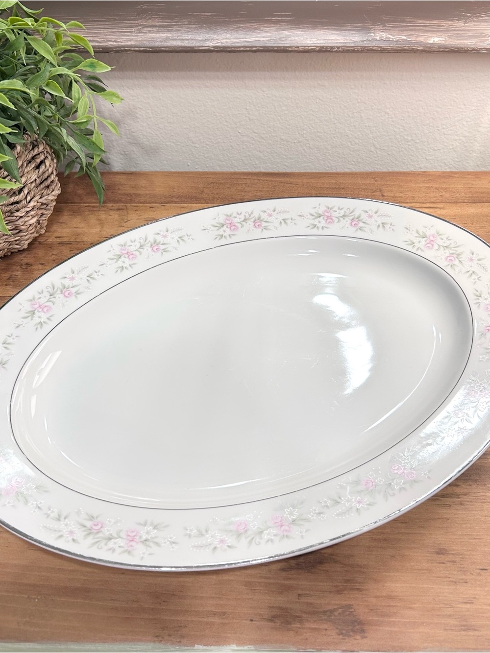 GLA Maria Fine China Oval Serving Platter 14" Pink Floral Platinum Trim VTG